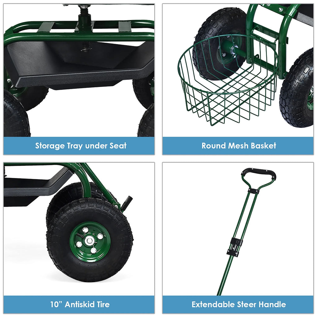 Green Garden Cart Rolling Work Seat with Tray Basket X642