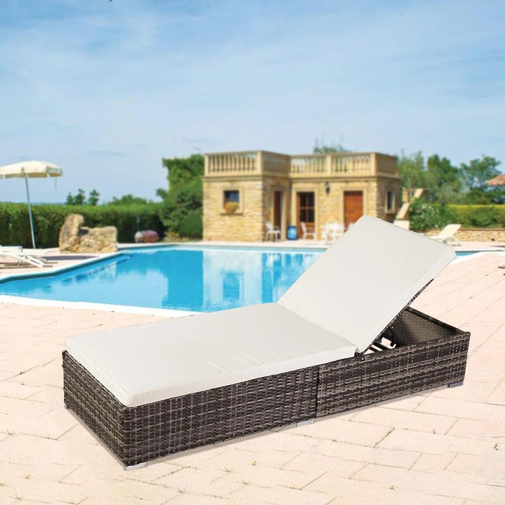 Adjustable Pool Chaise Lounge Chair PE Wicker with Cushion Y161910