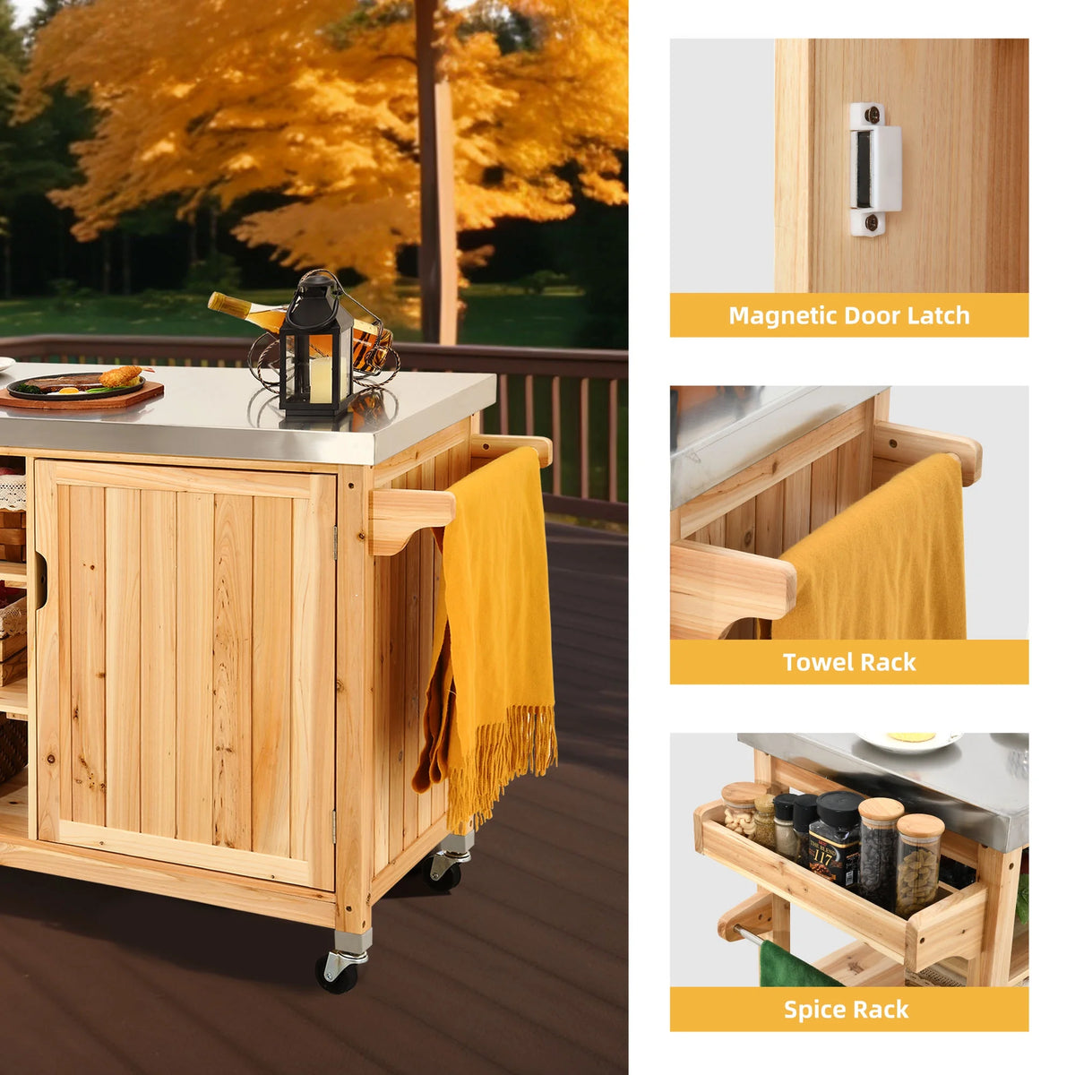 Solid Wood Movable Outdoor Table with Stainless Steel Top S8555