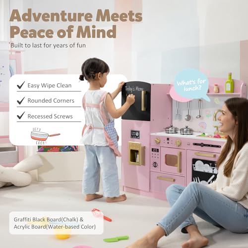 Wooden Play Kitchen Set with Sink, Microwave, Ice Maker, Dishwasher, Pink E9629