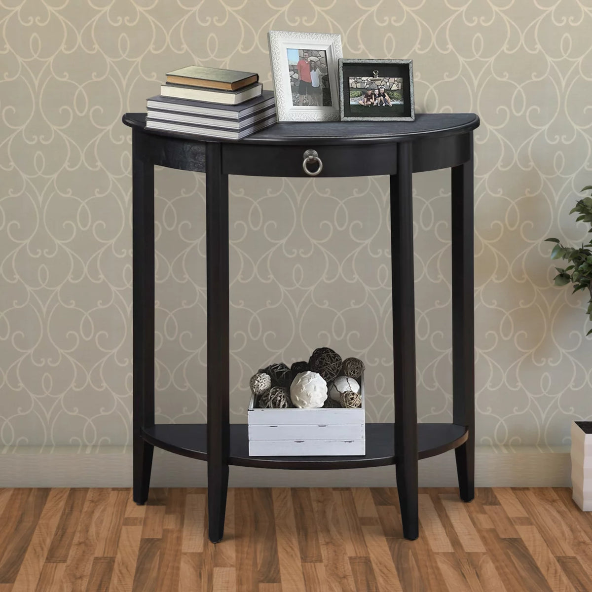 Black Wood Half Moon Console Table with Drawer A2100