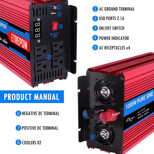 1000 Watt Pure Sine Wave Power Inverter 12V DC to 110V AC Q809