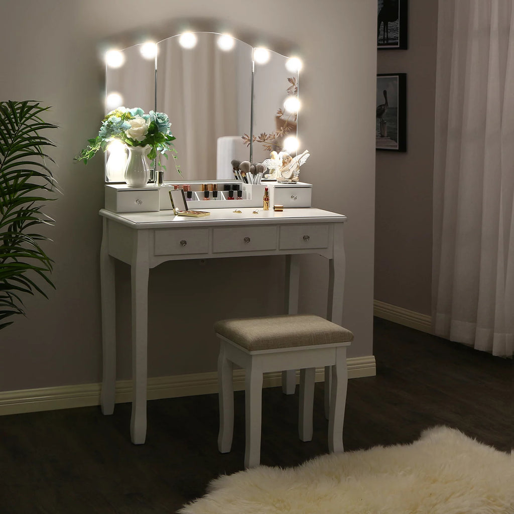 White Vanity Set with Lighted Tri-Folding Mirror 5 Drawers and Stool W261825
