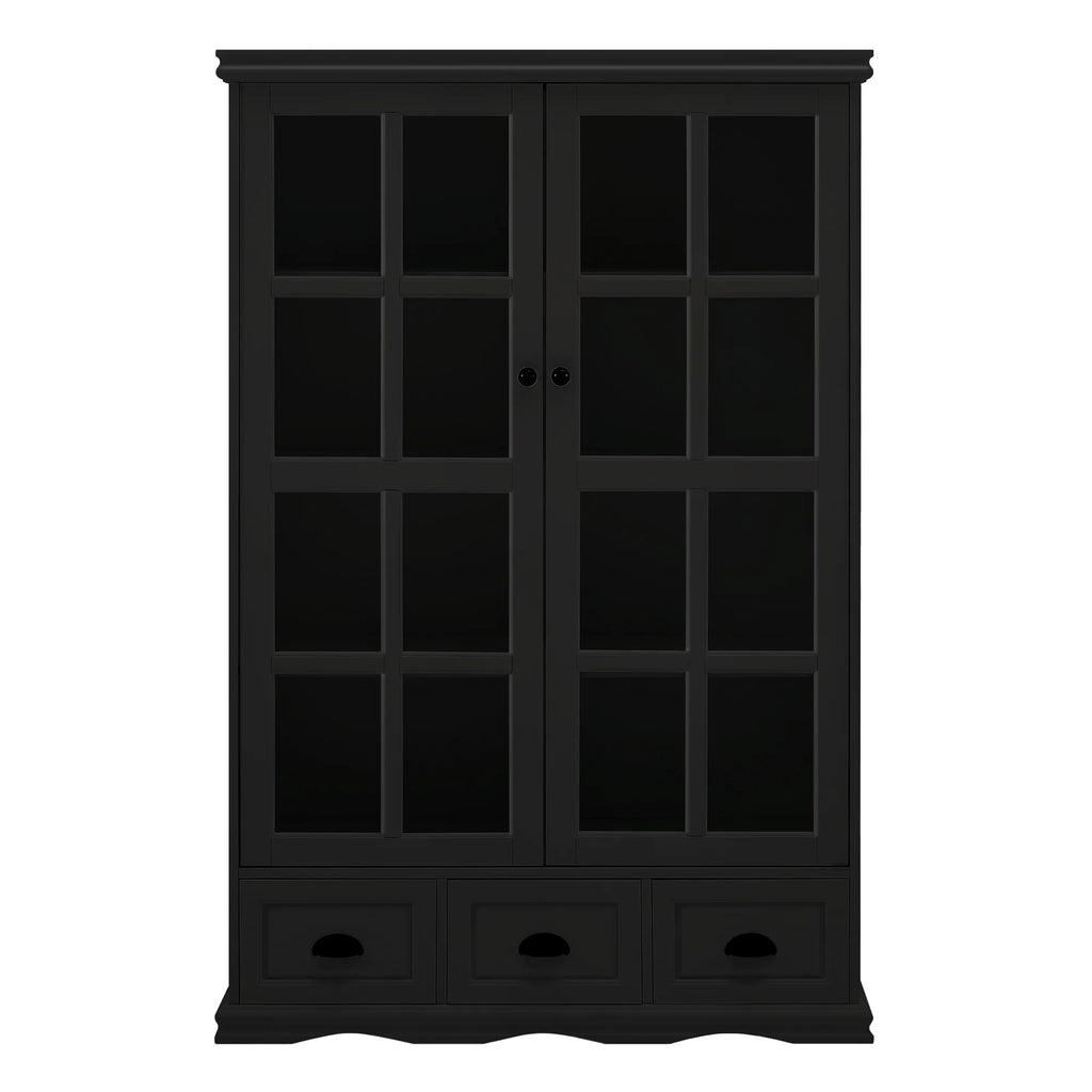 Black Storage Cabinet with Tempered Glass Doors and Triple Drawers M7214