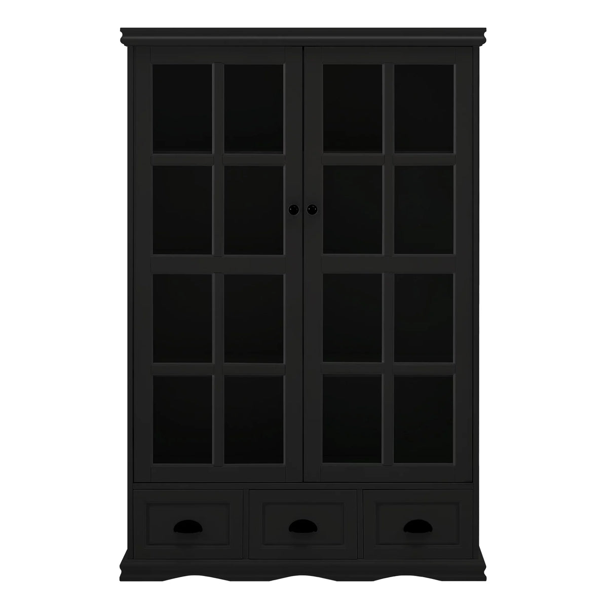 Black Storage Cabinet with Tempered Glass Doors and Triple Drawers M7214