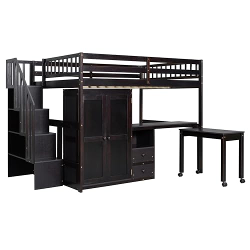 Gray Twin Size Wood Loft Bed with Stairs and Bookshelf R563