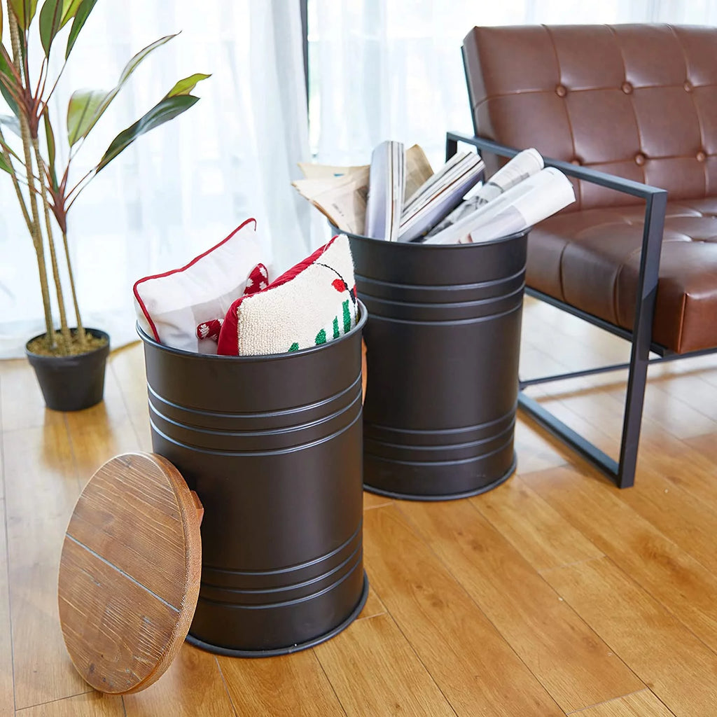 Rustic Storage Ottoman Seat Stool Metal Side Table with Wood Lid Y372891