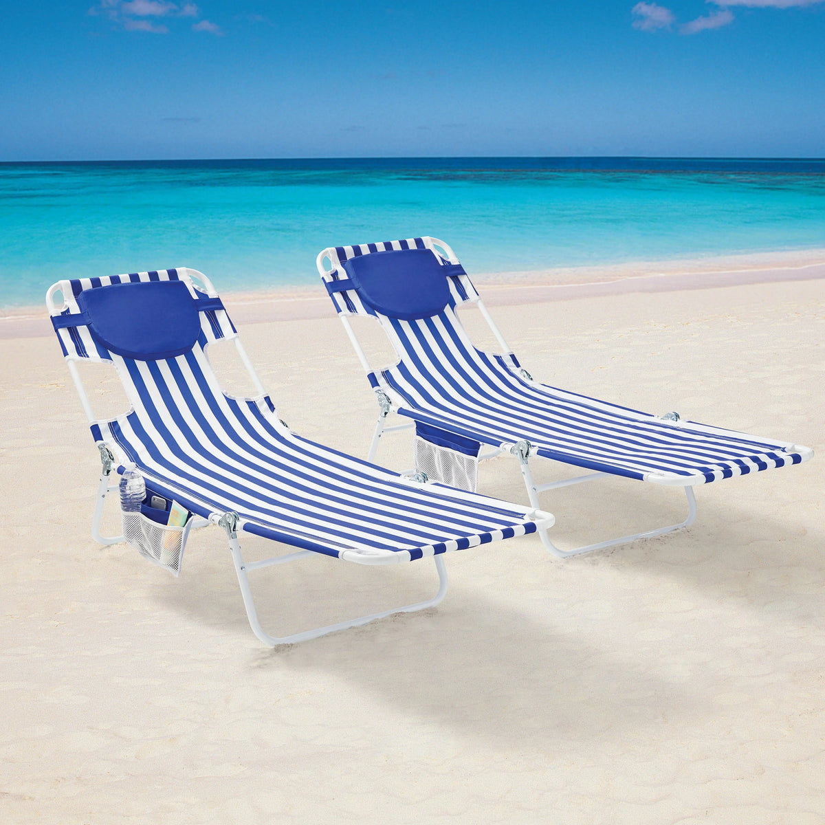 Blue & White Stripe Folding Beach Lounger R415881