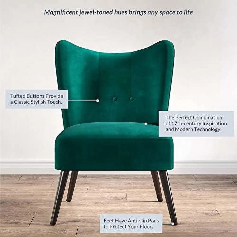 Green Velvet Upholstered Accent Chair with Wood Legs E1308