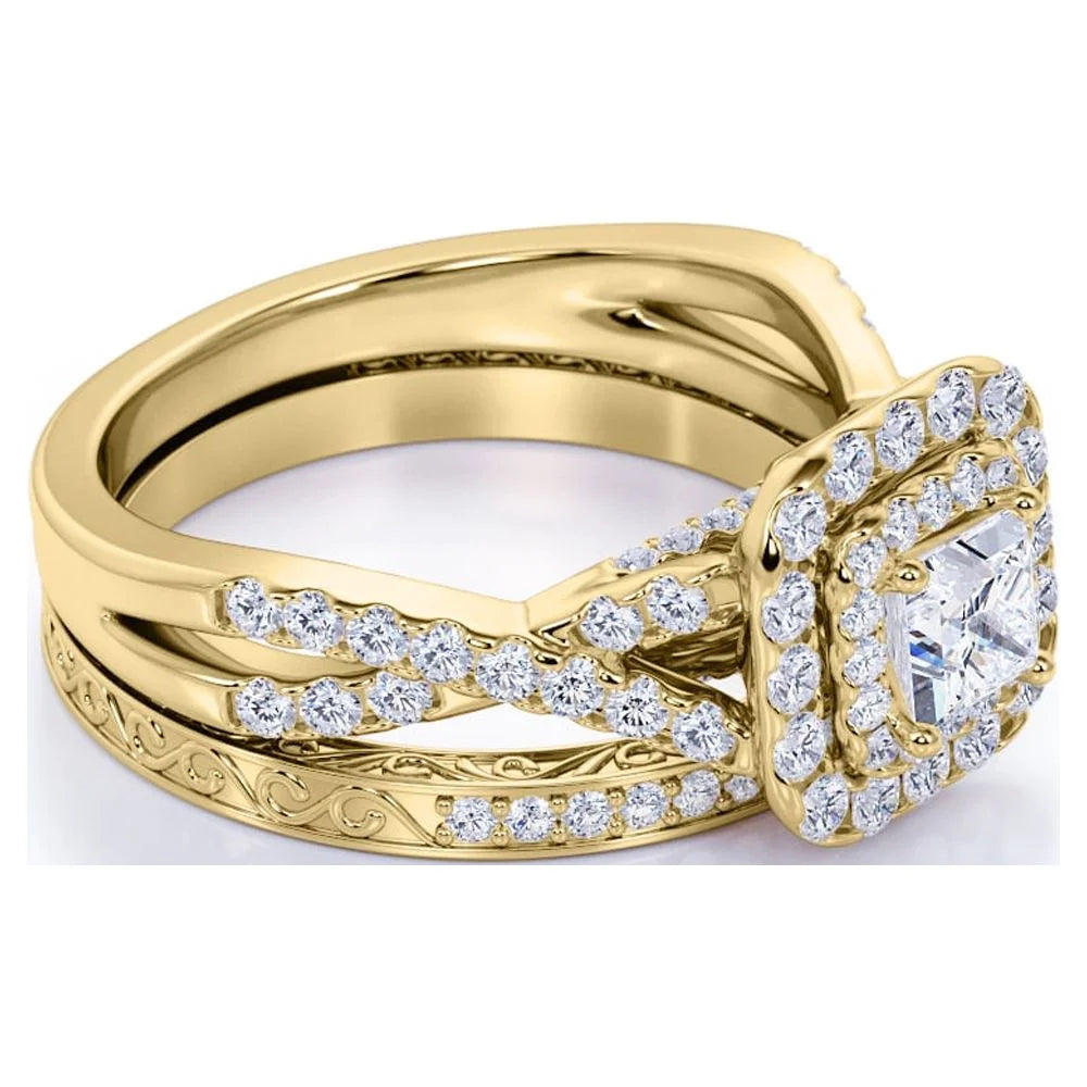 1.25 ct Square Moissanite Double Halo Wedding Ring Set in Yellow Gold over Silver J197398