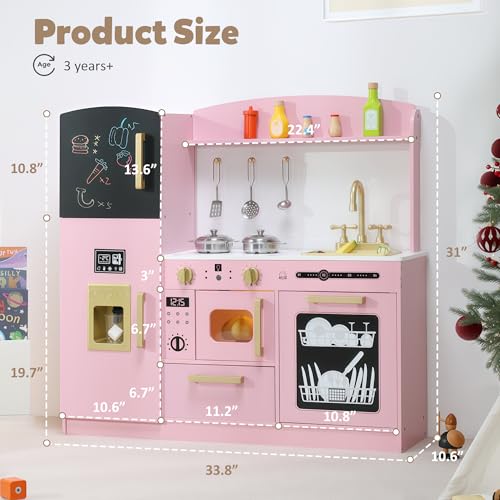 Wooden Play Kitchen Set with Sink, Microwave, Ice Maker, Dishwasher, Pink E9629