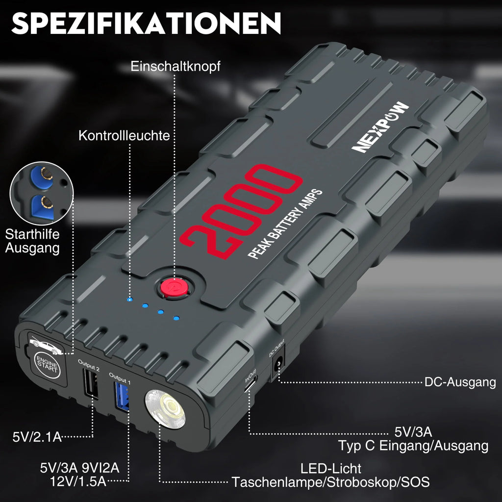 2000A Peak 18000mAh 12V Car Jump Starter with LED Light G9528