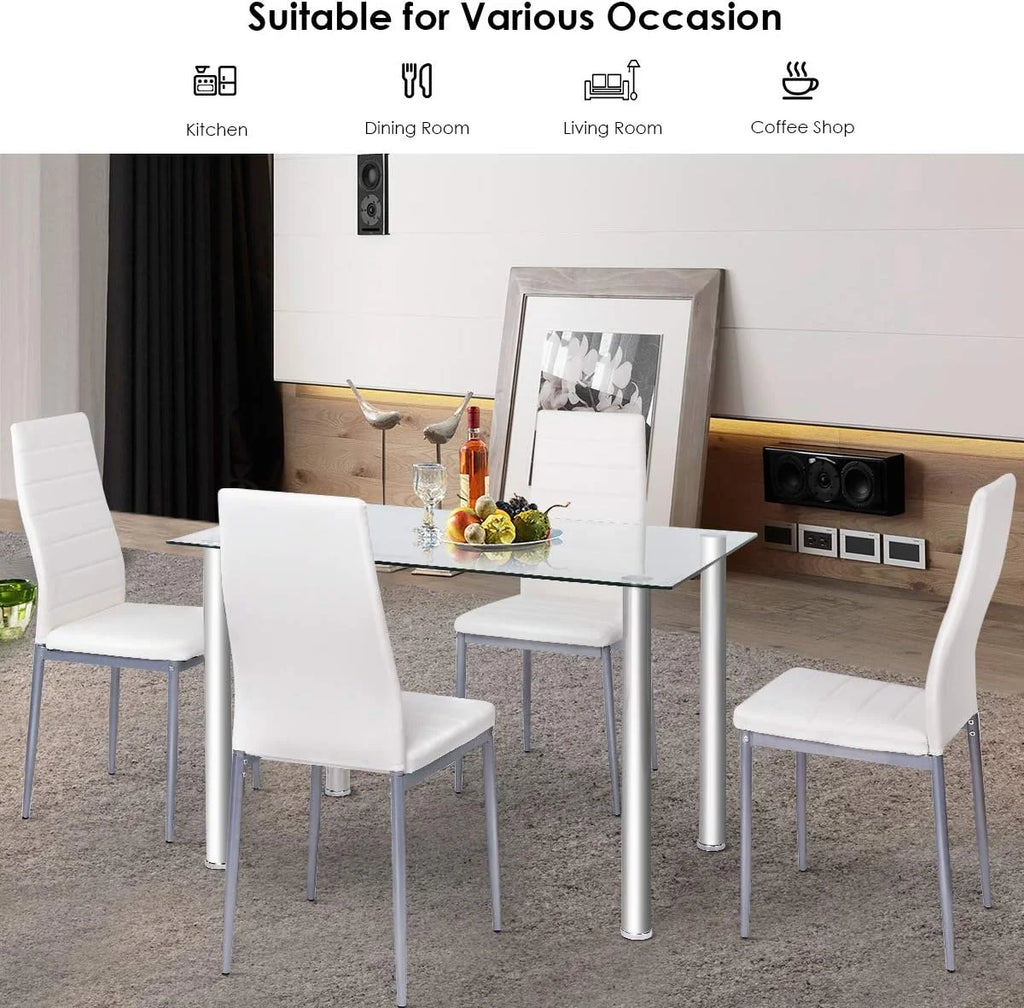 Glass Top Dining Table Set of 4 with PVC Leather Chairs V806