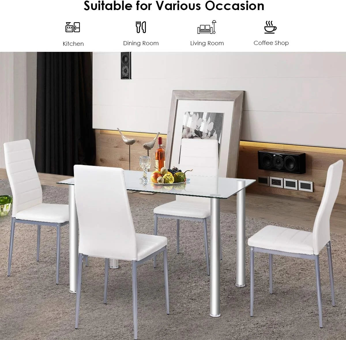 Glass Top Dining Table Set of 4 with PVC Leather Chairs V806