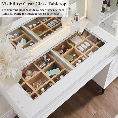 48" Glass Top Makeup Vanity Desk with Lighted Mirror and 5 Drawers K2937