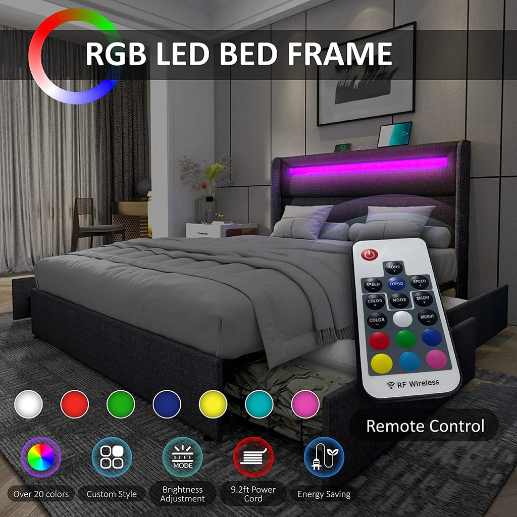 Queen Upholstered Bed Frame with LED Headboard and 4 Storage Drawers L7542