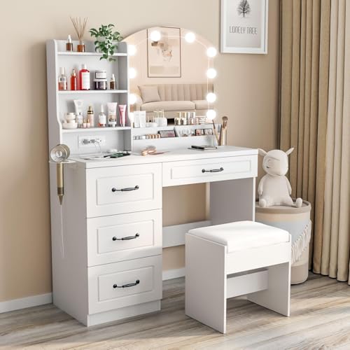 White Makeup Vanity Desk with Lights and Charging Station J98536