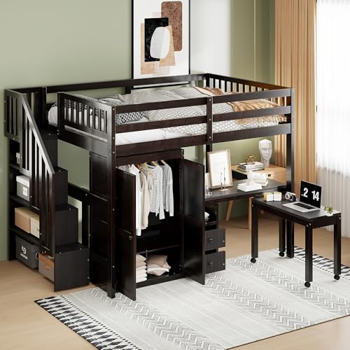 Gray Twin Size Wood Loft Bed with Stairs and Bookshelf R563