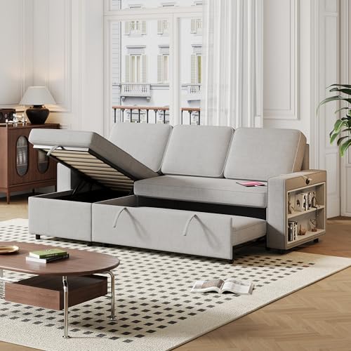 86 Inch Reversible Sleeper Sectional Sofa with Pull Out Couch Bed D6997
