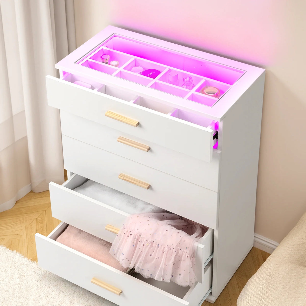 Black 5 Drawer Dresser with Tempered Glass Top G502