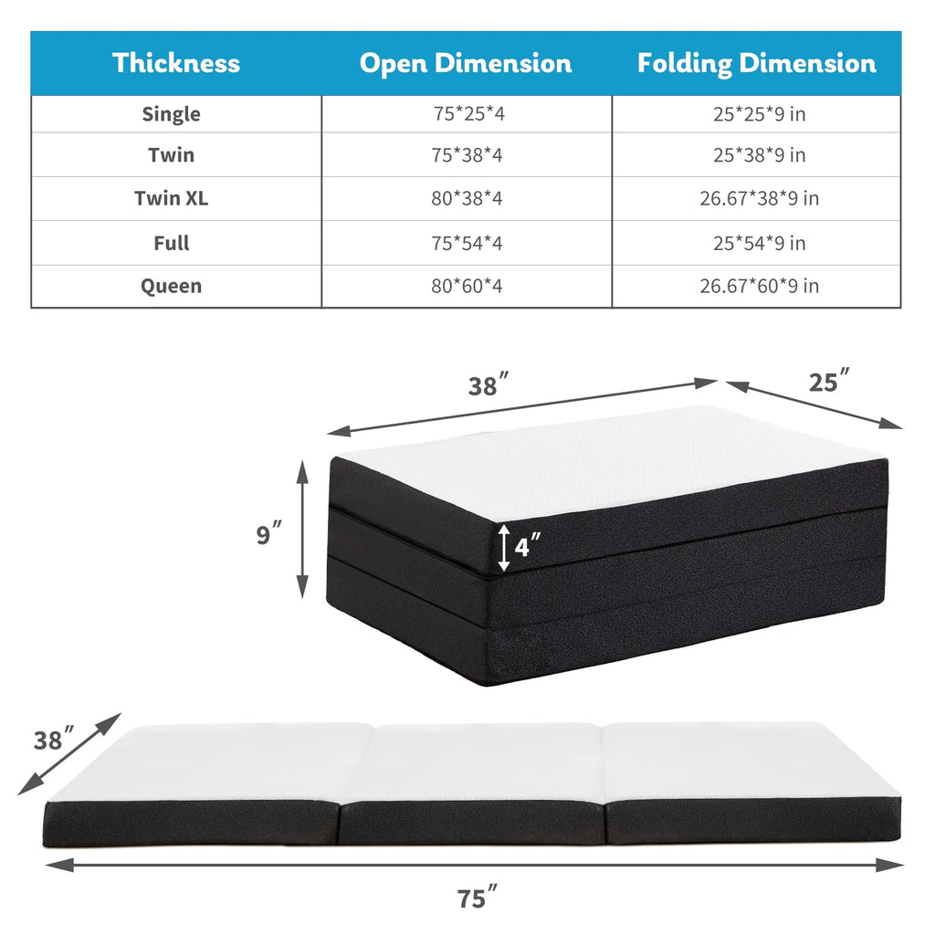 4-inch Tri Folding Memory Mattress with Removable Cover E156066