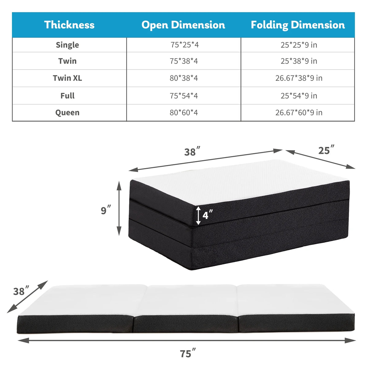 4-inch Tri Folding Memory Mattress with Removable Cover E156066