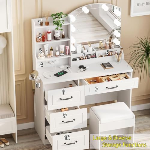 White Makeup Vanity Desk with Lights and Charging Station J98536
