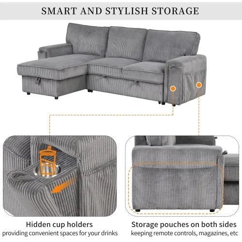 96.1" L-Shape Convertible Sleeper Sectional Sofa with Pull-Out Bed, Storage Chaise and 2 Cup Holders, Corduroy Gray P292217