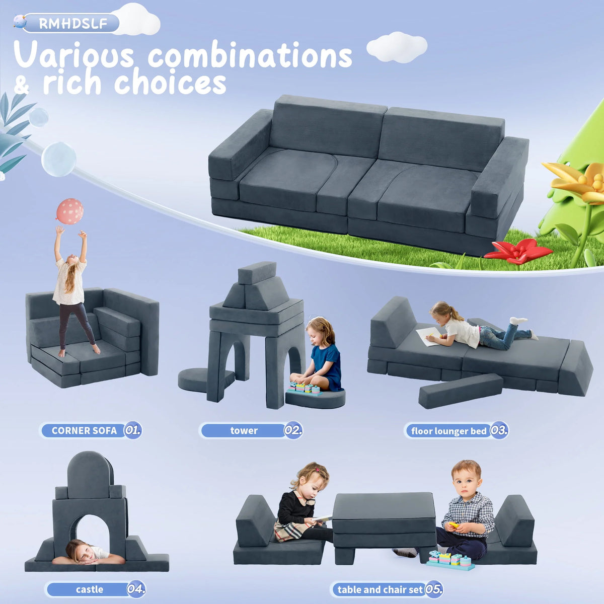 Gray 9-Pieces Kids Sofa Couch C506908