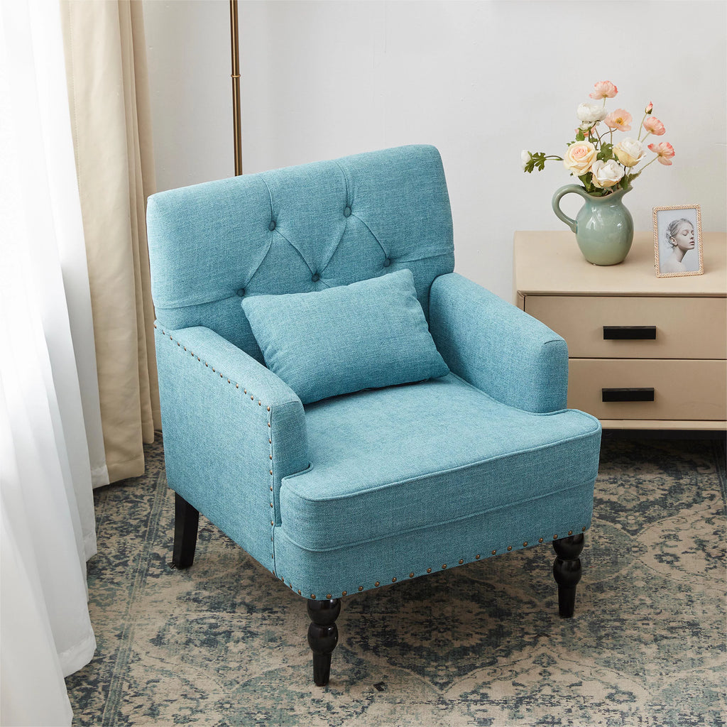 Lake Blue Linen Fabric Upholstered Accent Chair with Ottoman T56635