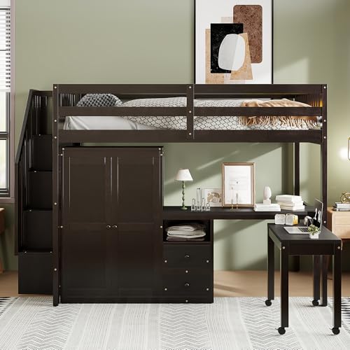 Gray Twin Size Wood Loft Bed with Stairs and Bookshelf R563