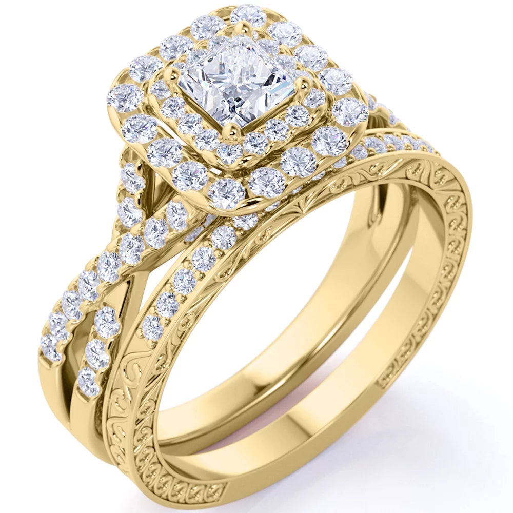 1.25 ct Square Moissanite Double Halo Wedding Ring Set in Yellow Gold over Silver J197398