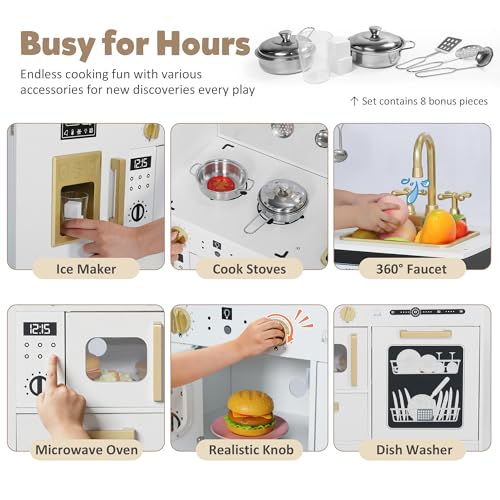 Wooden Play Kitchen Set with Sink, Microwave, Ice Maker, Dishwasher, Pink E9629