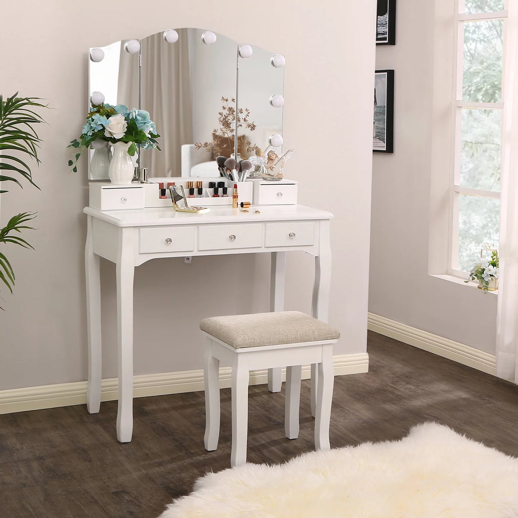 White Vanity Set with Lighted Tri-Folding Mirror 5 Drawers and Stool W261825