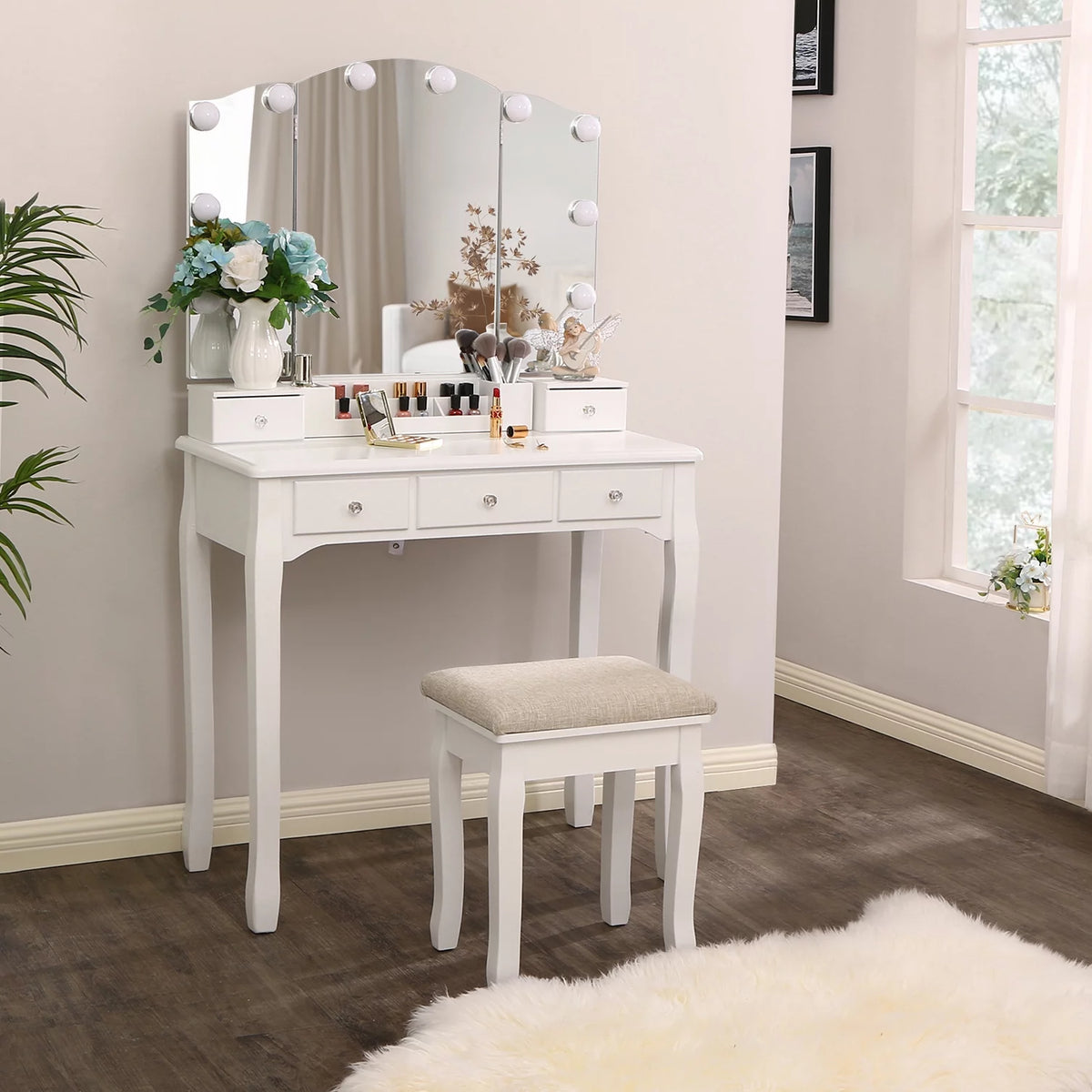 White Vanity Set with Lighted Tri-Folding Mirror 5 Drawers and Stool W261825