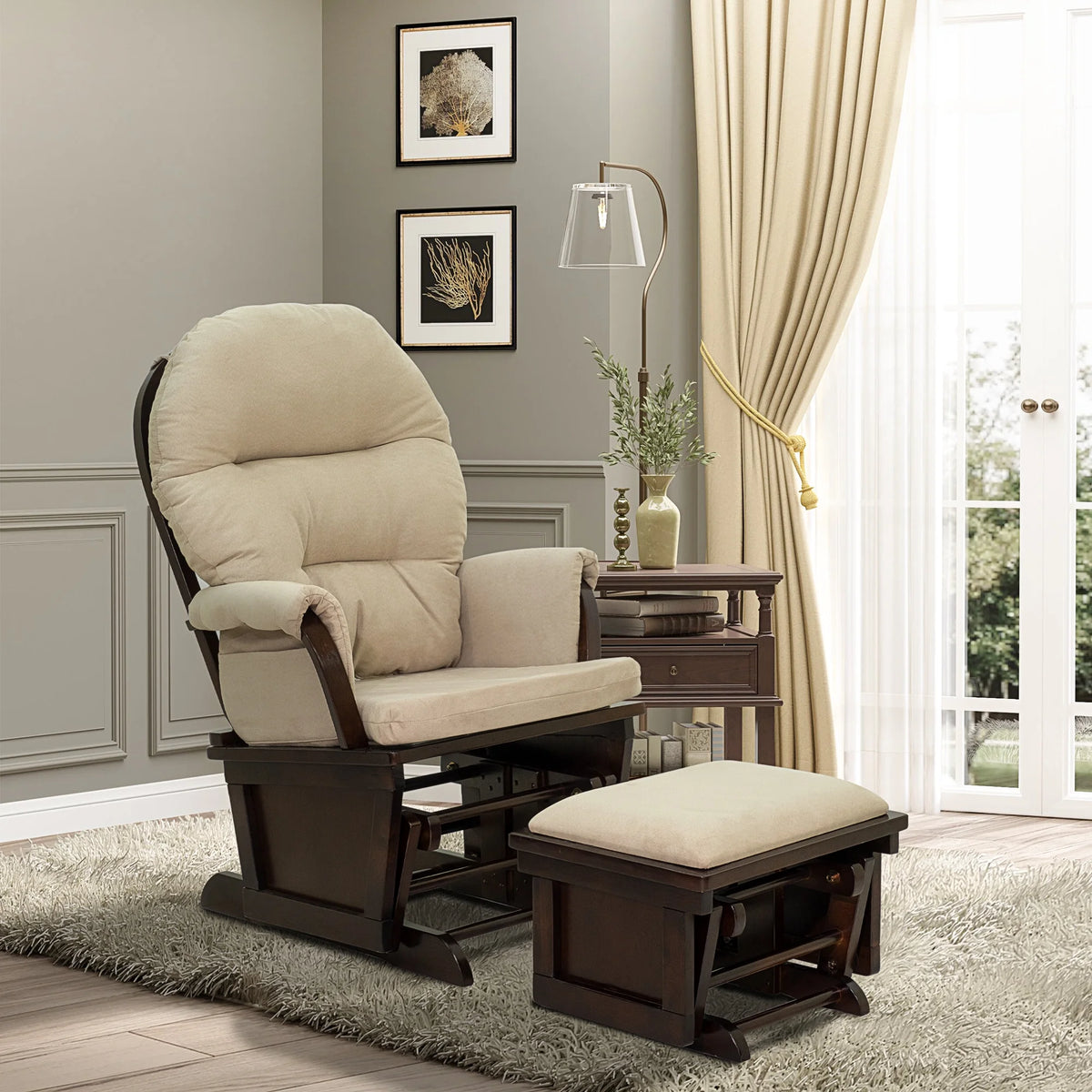 Cream White Nursery Glider Rocking Chair with Ottoman V5760
