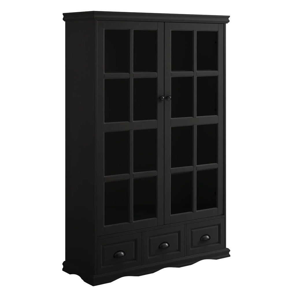 Black Storage Cabinet with Tempered Glass Doors and Triple Drawers M7214