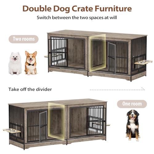 75'' Double Dog Crate Furniture with Double Door Grey C53217