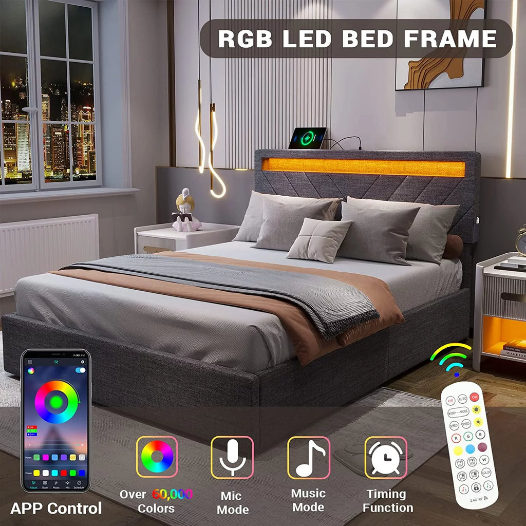 Queen Bed Frame with 2 USB Charging Station & 4 Storage Drawers, LED Upholstered, Dark Grey Y890