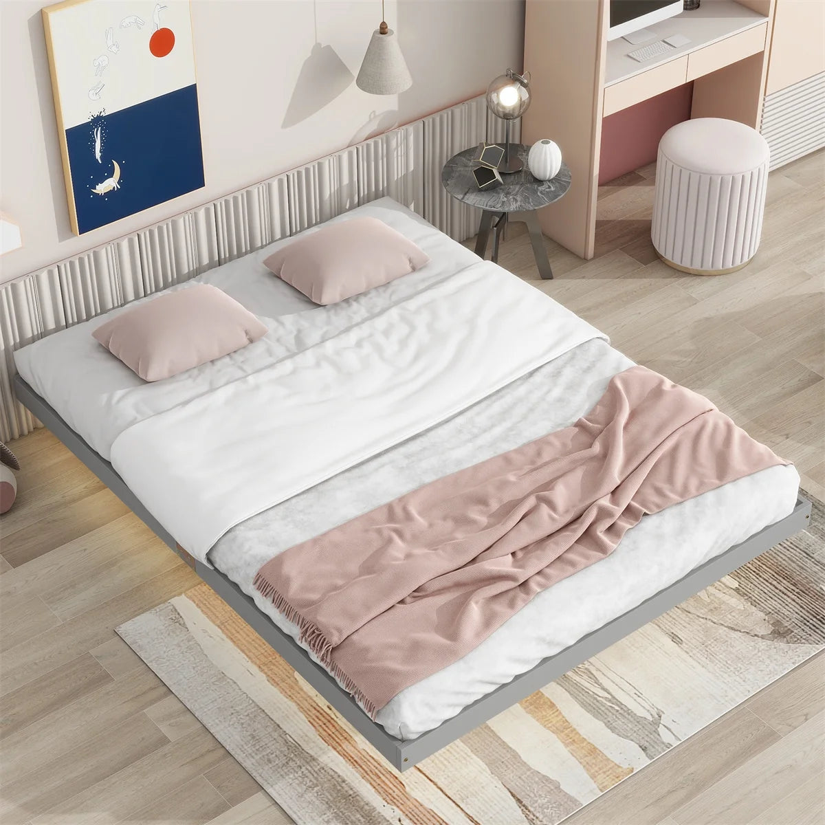 Queen Size Floating Bed Frame with LED Lights Y26907