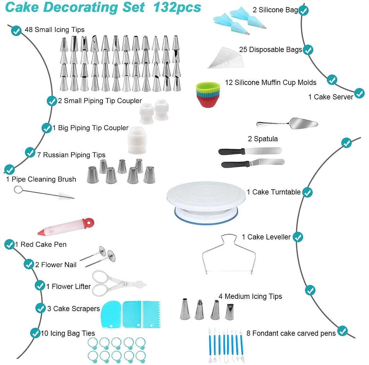 132 Pcs Cake Decorating Kit with Turntable and Piping Bags and Tips W4263