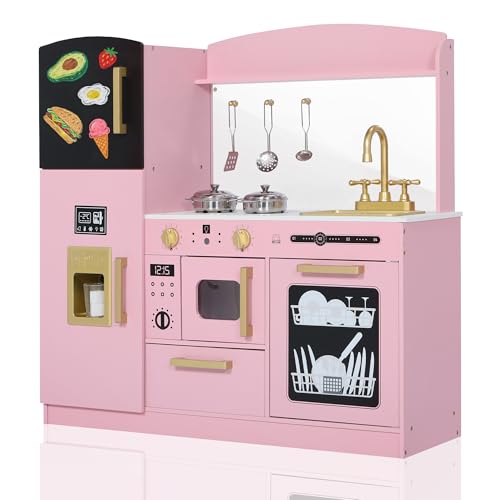 Wooden Play Kitchen Set with Sink, Microwave, Ice Maker, Dishwasher, Pink E9629