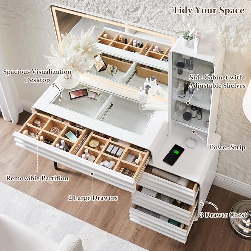 48" Glass Top Makeup Vanity Desk with Lighted Mirror and 5 Drawers K2937