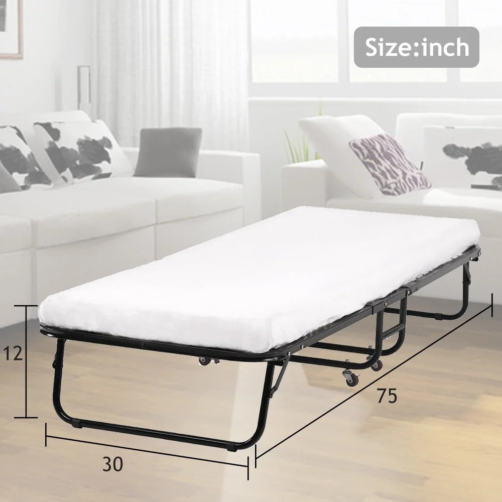 Folding Bed Frame with Wheel, Rollaway Bed with Mattress, Foldable Twin Bed with Memory Foam Mattress I388965
