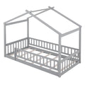 Twin Size Wood Floor Platform Bed with Fence Guardrails and House Roof Gray L641384