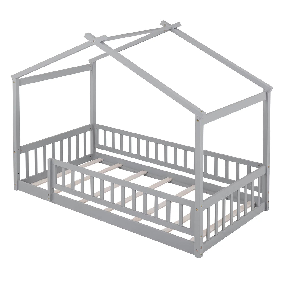 Twin Size Wood Floor Platform Bed with Fence Guardrails and House Roof Gray L641384