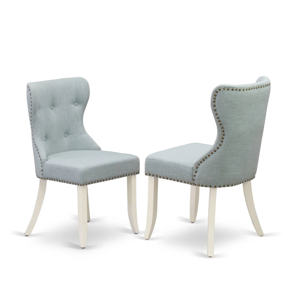 Set of 4 Linen Fabric Baby Blue Dining Chairs and 42-Inch Round Linen White Dining Table O64826