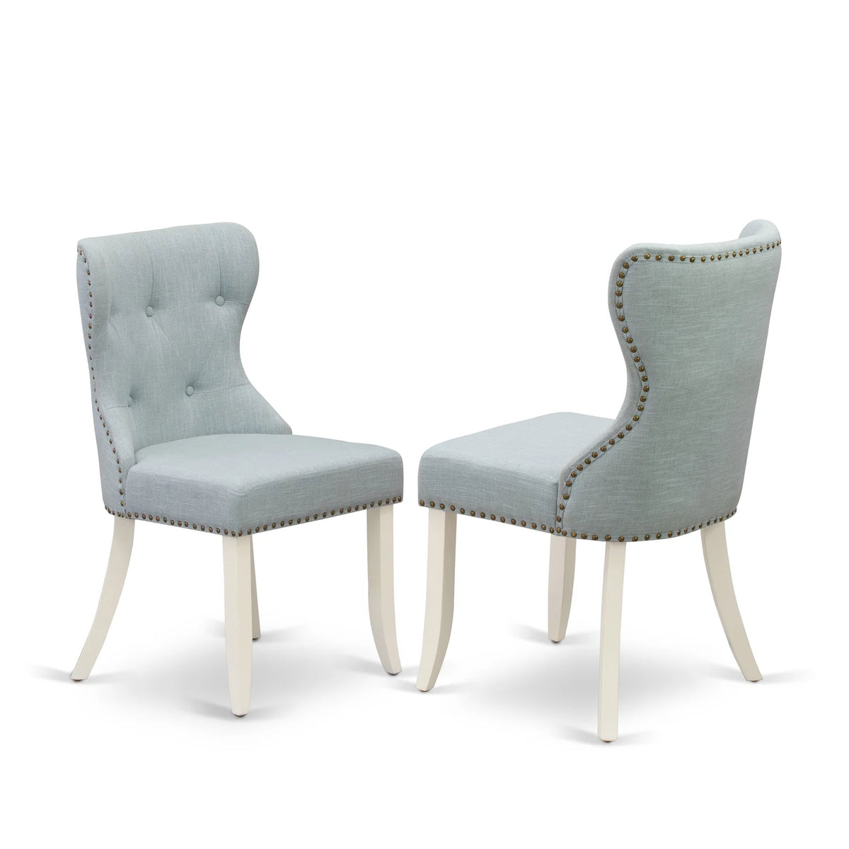Set of 4 Linen Fabric Baby Blue Dining Chairs and 42-Inch Round Linen White Dining Table O64826