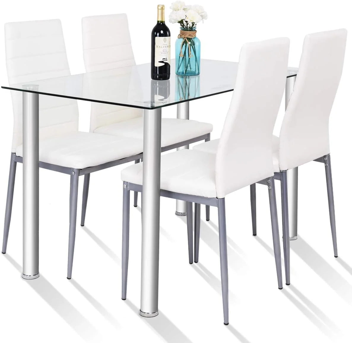 Glass Top Dining Table Set of 4 with PVC Leather Chairs V806
