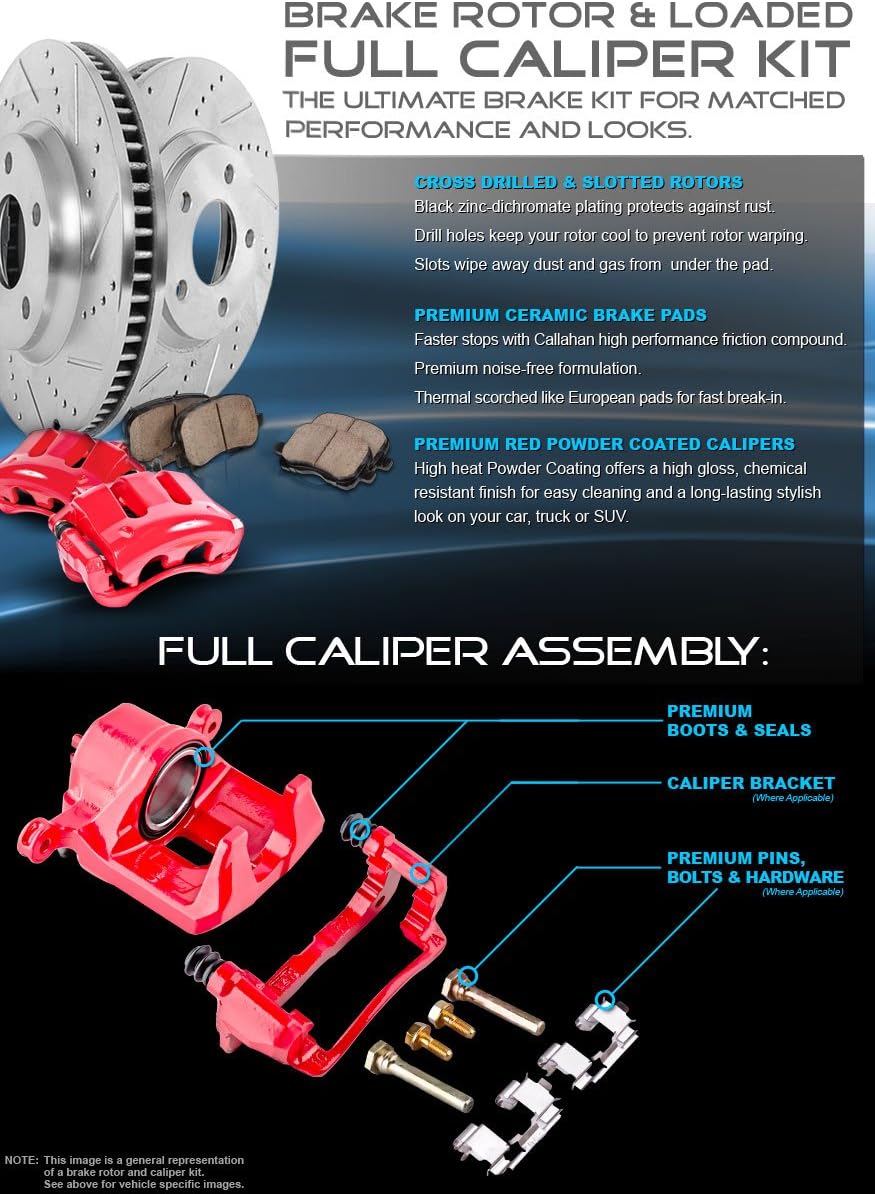 Powder Coated Red Calipers Drilled Slotted Rotors Ceramic Pads J78502